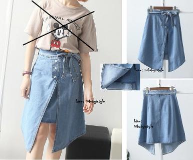  Sales เด็กโต/ผู้ใหญ่-กระโปรงยีนส์สีอ่อนทรงเอเฉียงหน้า มีสายผูกเอวไซส์ S/M/L รหัส KKK705A