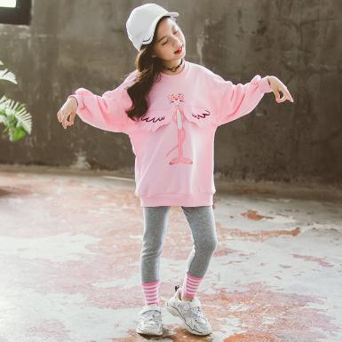  Sales เด็กโต-ชุด2ชิ้นเสื้อจั๊มพ์ชมพูPink Panther+เลกกิ้งขายาวสีเทาจั๊มพ์ริ้วชมพูไซส์ 160 รหัสKKL111