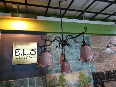 Hanging Lamp brass with lamp shade Item Code HGL185 size wide 650 mm. long 900 mm. 6 light.