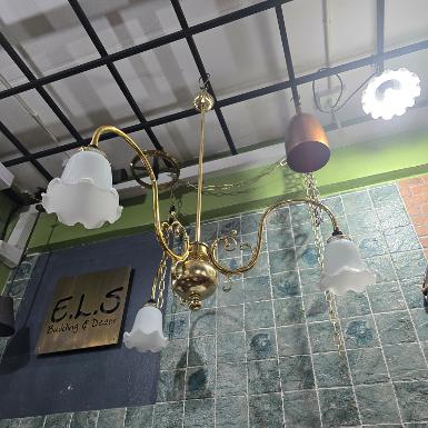  Hanging Lamp brass with white glass shade Code HLW03 size wide 81 cm high 70 cm.